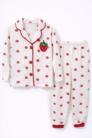 Poli Foni Çilek Desenli Yakalı Önü Düğmeli Kız Çocuk Pijama Takımı Beyaz