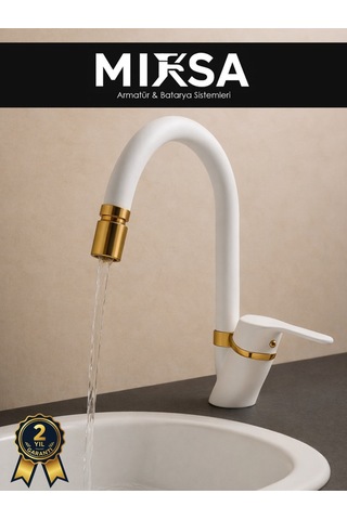 Lüx Beyaz-gold Baston Borulu Oynar Başlıklı Perlatörlü Banyo Lavabo Bataryası, Çiftsugirişli
