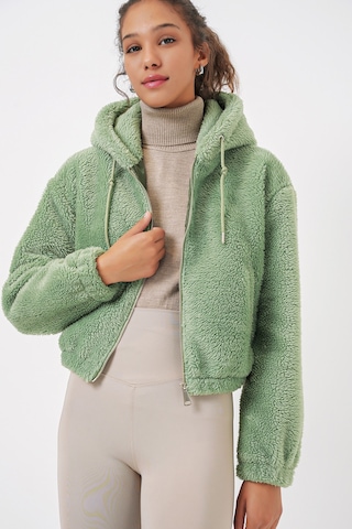 Bigdart 5193 Kapüşonlu Peluş Crop Ceket - E. Yeşil