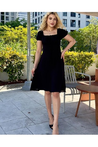 Kadın Kare Yaka Arkası Gipeli Önden Bağlamalı Kısa Ayrobin Elbise Siyah