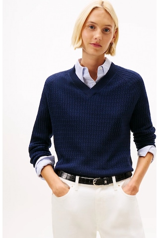 Tommy Hilfiger Yün Kaşmir Karışımlı Saç Örgülü V Yaka Uzun Kollu Kadın Mavi Kazak Ww0ww464170z0 Mavi