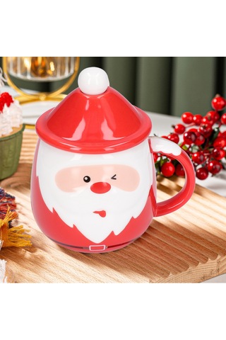 Yaleker Noel Baba Desenli Seramik Bardak, 450ml Kapasite, Kapağı Ve Kaşığı İle, Çay Kahve Süt İçin, Ev Ofis Kullanıma Uygun Diğer