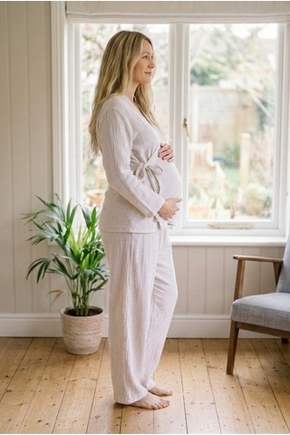 Combattente Exclusive Products Combattente Pamuk Müslin Hamile Lohusa Karın Üstü Pijama Takımı ekru