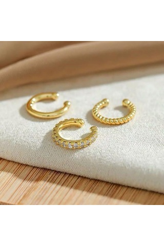 Geeksen Kadınlar İçin Zirkonyum Taşlı Altın Kaplama C Şekilli Pim Olmayan Uyarlanabilir Küçük Küpe Seti - 3 Adetli 2 Paket Gold