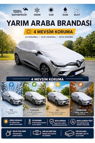 Tüm Modellere Uyumlu Yarım Araba Brandası Pratik Araba Brandası 4 Mevsim Koruma Gri