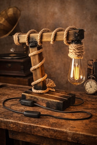 Yediotuz Woodylight Rustik El Yapımı Masif Ahşap Masa Lambası - Retro Edison Tasarım Dekoratif Gece Lambası Açık Ahşap