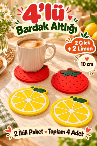 4'lü Çilek Limon Desenli Bardak Altlığı Seti 10 Cm Kahve Fincan Altlığı Renkli Sofra Sunum Aksesuarı Çok Renkli