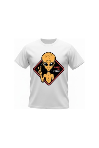 Urbantrendstore Unisex Uzaylı Barış Baskılı Oversize Fit Rahat Geniş Salaş T-shirt Günlük Tişört Beyaz