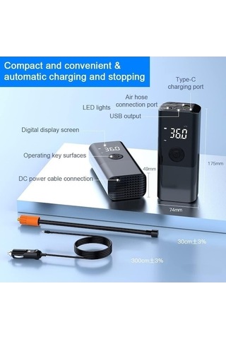 Supermarket1 Araba Hava Pompası, Dijital Ekranlı, Kablolu, Siyah Gri, Abs Malzeme, 780g Ağırlık, 17.5x7.4x4.9cm Boyut, Bs-2291 Model