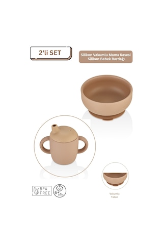 2'li Silikon Bebek Beslenme Seti / Mama Kasesi / Bebek Bardağı - Moka Mocca