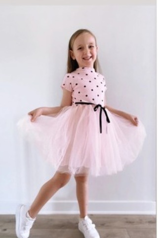 Noble Kids Kız Çocuk Kısa Kollu Puantiyeli Tül Etek Elbise Pembe Pudra