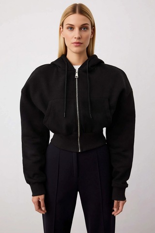 Benerly Kadın Kapüşonlu Düşük Kol Fermuarlı Örme Sweatshirt Fonksiyonel D siyah