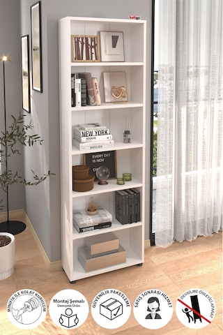 Bofigo 6 Raflı Kitaplık Dekoratif Kitaplık Modern Kitaplık Poyraz Beyaz