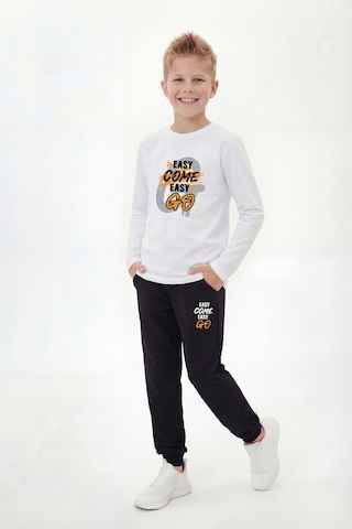 Panios Kids Yuvarlak Yaka Sweatshirt Paça Lastikli Eşofman Alt Baskılı Uzun Kollu Erkek Çocuk Alt Üst Takım Beyaz