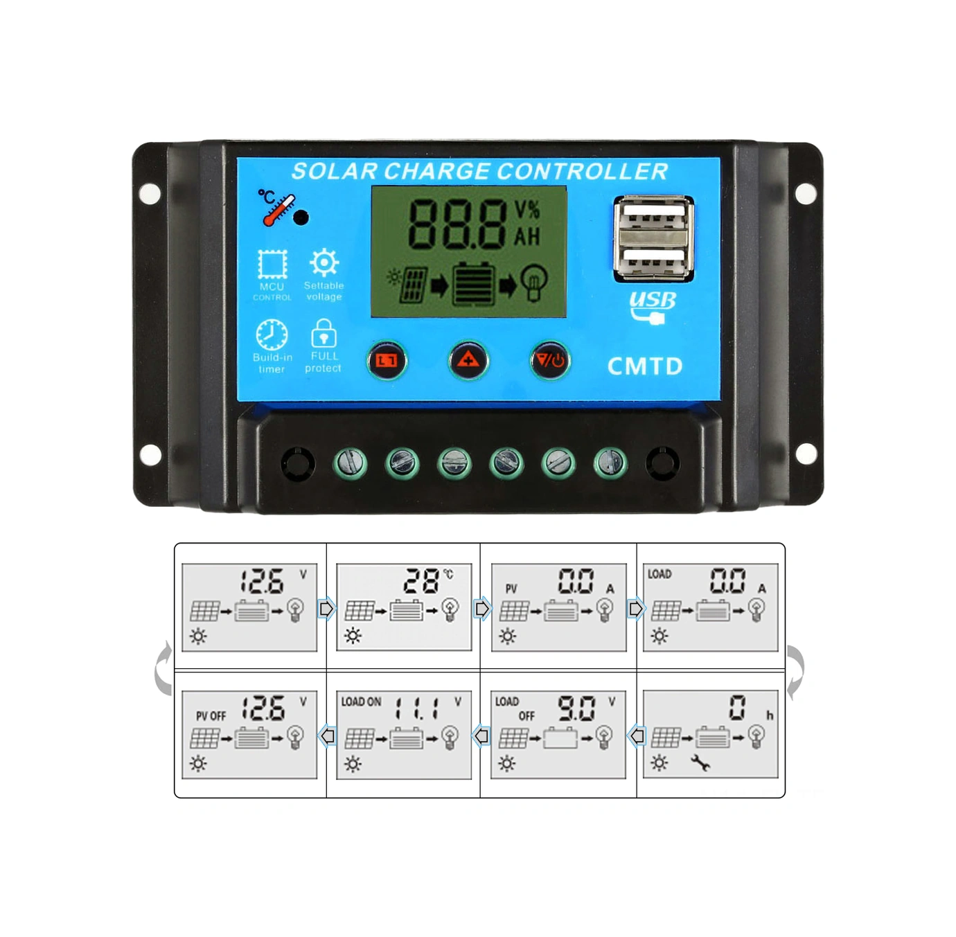 Lemestar Güneş Enerji Kontrol Cihazı 12.6v 10a - Lcd Ekranlı Li-po Batarya Şarj/deşarj Yöneticisi - Güneş Panelleri İçin Usb Çıkışlı