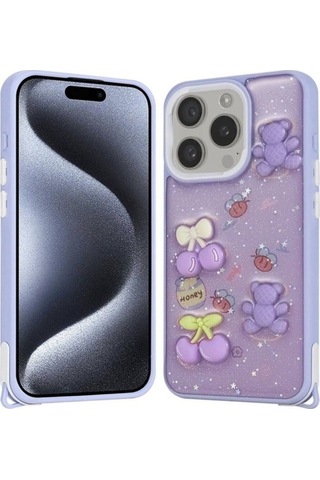 Apple Uyumlu iPhone 15 Pro Kılıf Parlayan Simli Kabartma Figürlü Zore Cevze Kapak Mor Papatya