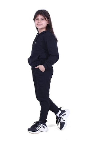 Fyk Kids Kapşonlu, Kanguru Cepli Düz Desen Kız Çocuk Alt-üst Takım Siyah