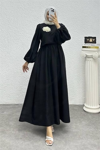 Dip Moda Kadın Çiçek Detaylı Etekli Tesettür Takım Dpnms004 Siyah