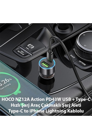 Hoco Nz12a Action Pd43w Usb + Type-c Araç Çakmaklık Hızlı Şarj Aleti + Type-c To İphone Lightning Ka- 5775