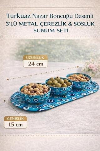 Turkuaz Nazar Boncuğu Desenli 3 Lü Metal Çerezlik Ve Sosluk Sunum Seti, Dayanıklı Baskılı Servis Tepsili Kahvaltılık, Atıştırmalık Ve Lokumluk Kase Takımı, Modern Dekoratif Sofra Sunum Ürünü Filtre Seçeneği - Hava+Yağ+Standart Polen+Mazot