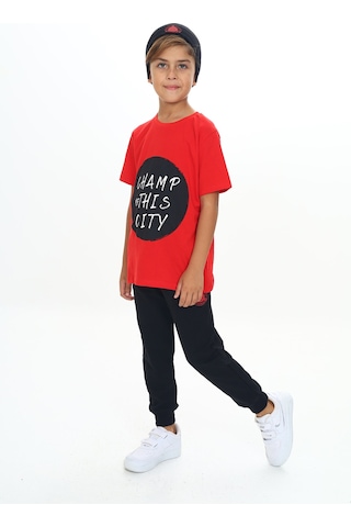 Toontoy Kids Toontoy Erkek Çocuk 2'li Takım Baskılı Bisiklet Yaka Kısa Kollu T-shirt & Beli Paçası Lastikli Cepli Jogger Eşofman Altı - Renk Bloklu & 2 İplik Kırmızı