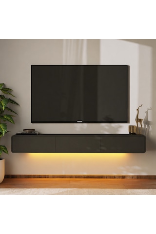İnarch Dizayn Alba Led Işıklı Duvara Monte Tv Sehpası - 3 Kapaklı Tasarım Antrasit