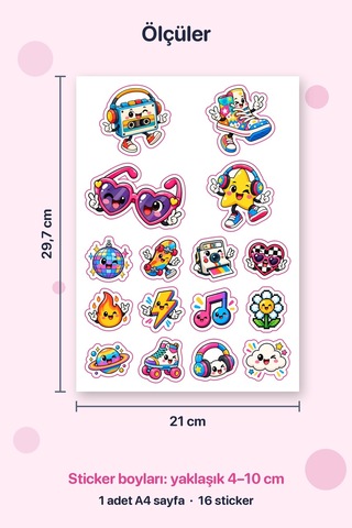 Cool Mod 16 Adet Retro Pop Sticker Çıkartma A4 Ajanda Etiketi Çok Renkli