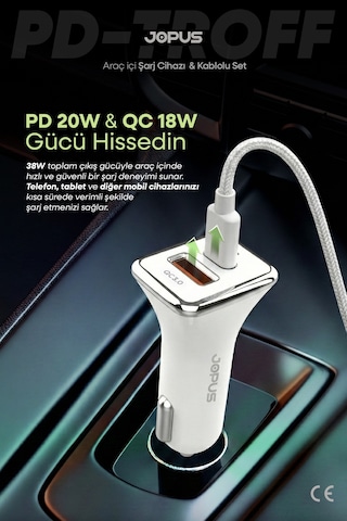 Jopus İphone Araç Şarj Aleti Çakmaklık Seti - Lightning + USB Girişli 38W JO-A7