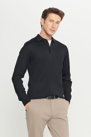AC&Co / Altınyıldız Classics Erkek Sıyah Yünlü Standart Fit Normal Kesim Polo Yaka Basic Triko Kazak SIYAH