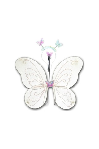 Kelebek Kanat Taç Asa Seti Beyaz Simli Kız Kostümü