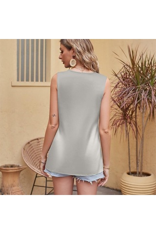 Şampanya Hnxc Kadın Modası Rahat Yaz Düz Renk Baskı Kolsuz V Yaka Bluzlar Ve Gömlekler Bej