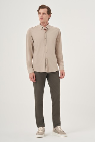 Morven Erkek Bej Örme Slim Fit Düğmeli Yaka Gömlek 25ms004024653 Bej Bej