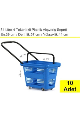 4 Tekerlek Plastik Alışveriş El Sepeti 54 Litre Mavi 10 Adet / En:42 Boy:54 Yükseklik:44 Cm