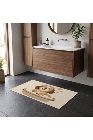 Kartela Halı Köpek Desenli Banyo Paspası Bej Kaymaz Taban Makinede Yıkanabilir 50x75 Cm