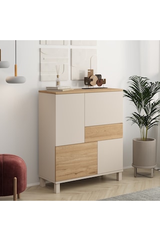 Robin Home Urban Çok Amaçlı Dolap Ahşap Ayaklı 4 Kapaklı Çekmeceli Kumsal-sepet Bej