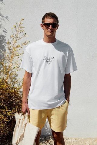 Grımelange ITALIA Erkek %100 Organik Pamuk Ön Arka Baskı Detaylı Oversize Kısa Kol Beyaz T-Shirt