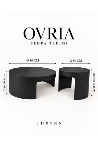 Ovria 2 Li Yuvarlak Orta Ve Yan Sehpa Takımı Mat Siyah Renk Modern Tasarım Dekoratif