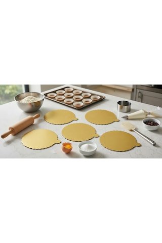 5 Adet Kulplu Sarı Yuvarlak Kalın Ekstra Dayanıklı Karton Pasta Altlığı 15 Cm Altın