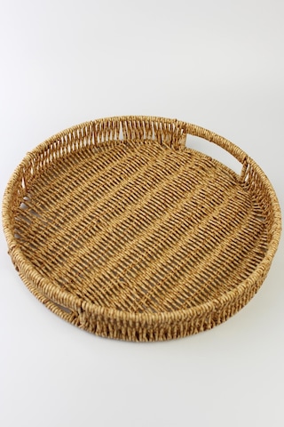 3 Lü Rattan Tepsi Dekoratif Tepsi Hasır Örme Tepsi Yuvarlak Krem