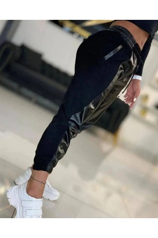 Dogutrend Kadın Yüksek Bel Lastikli Cepli Deri Detaylı Dalgıç Pantolon Siyah