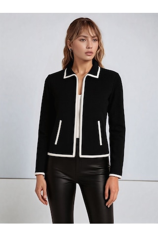 Kadın Fermuarlı Uzun Kol Cepli Spor Şık Tasarım Ceket Siyah