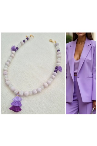 Lila Lav Taşlı Püsküllü Tasarım Kolye