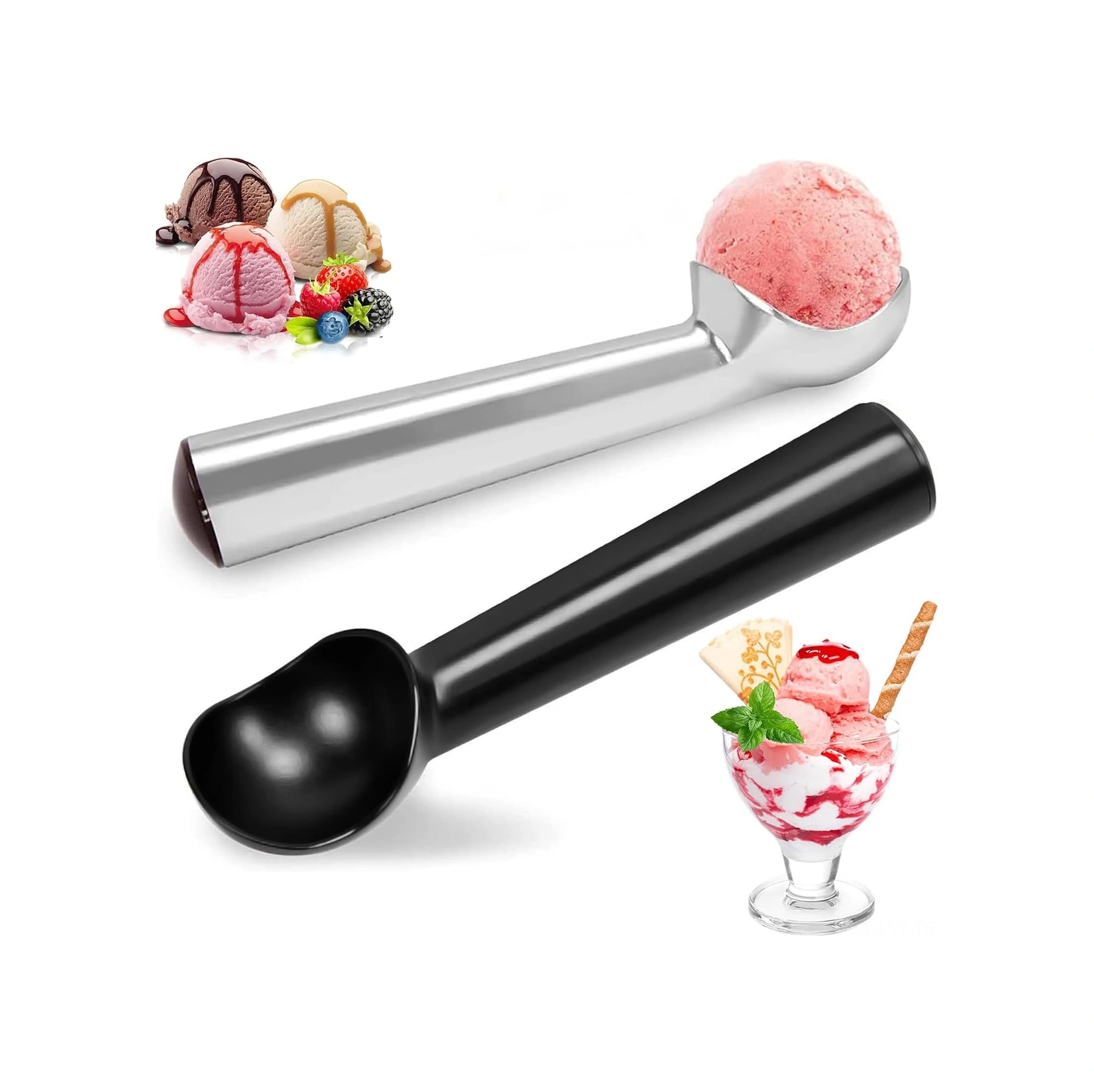 Youtek Ev Ve İş Yeri İçin 2'li Dondurma Kürücü Kasa - Meyve Ve Yemek Topu Kaçırıcı Alet Seti Siyah, Gümüş