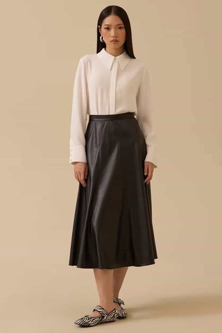 Kadın Suni Deri Kloş Etek - Siyah Siyah