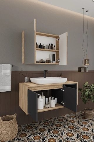 Lale 100 Cm %100 Mdf Lavabolu Banyo Dolabı + Aynalı Dolap Antrasit