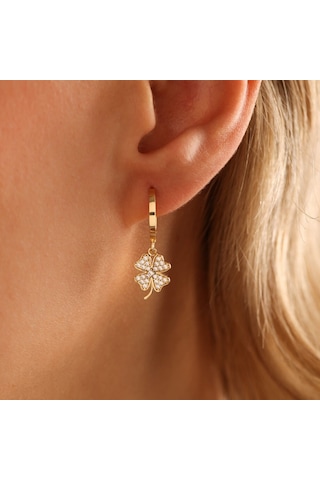 Sallantılı Altın Yonca Küpe Kalp Form