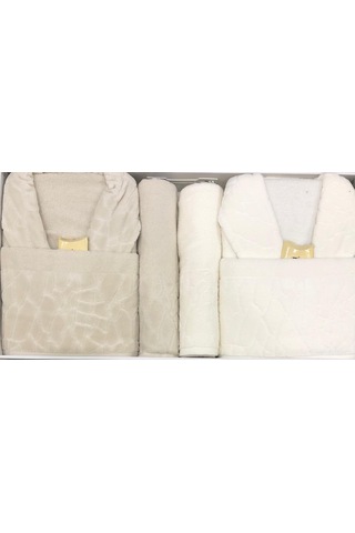 Durul Antik Kısmi Kadife Pamuklu 8 Parça Aile Bornoz Seti Bej