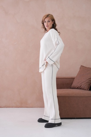Kadın Geniş Yaka Kazak Pantolon İkili Triko Takım Taş