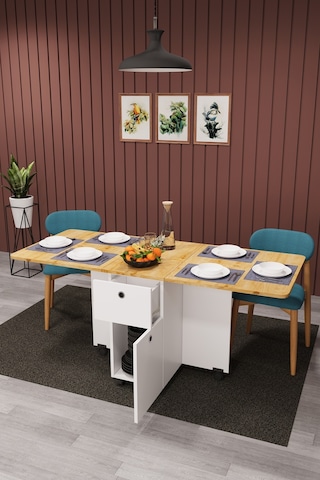 Asra Trend KM-02 %100 MDF 168x70 cm Katlanır Akıllı Mutfak Masası Tekerlekli Servis Masası Beyaz Safir Meşe