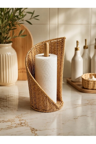 Qerhome Dekoratif Rattan Kağıt Havluluk Standı Bambu Direkli Mutfak Kağıt Havlu Tutacağı Kahverengi